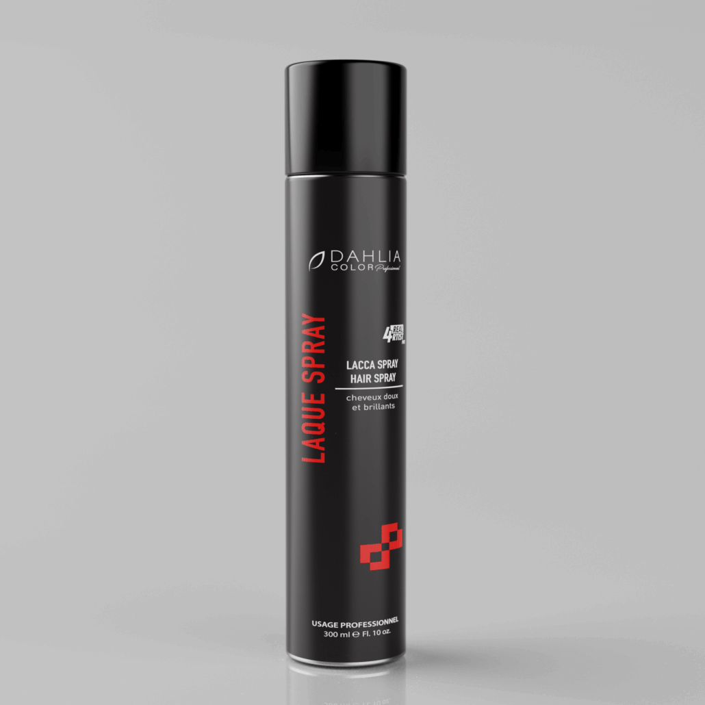 Une boîte de Laque spray 500 ml avec un bouchon noir sur fond gris. Dahlia Color Professionnel