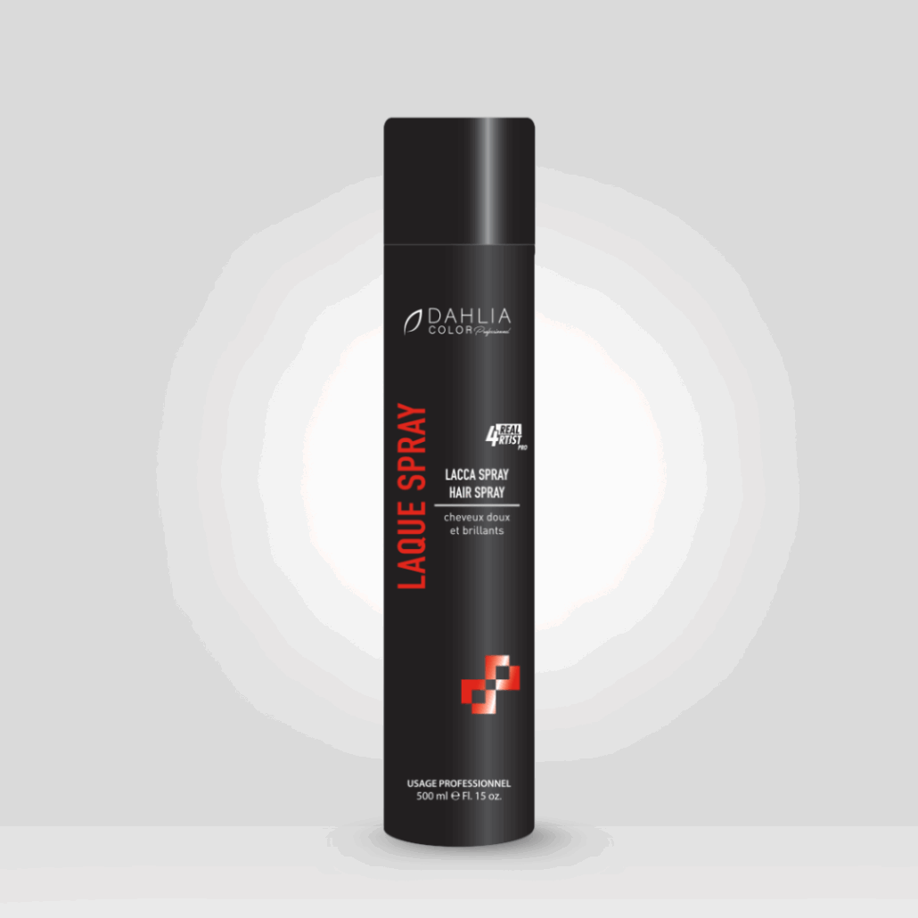 Bidon noir de Laque spray 500 ml avec texte rouge et blanc sur fond gris clair dégradé. Dahlia Color Professionnel