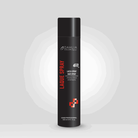 Bidon noir de Laque spray 500 ml avec texte rouge et blanc sur fond gris clair dégradé. Dahlia Color Professionnel