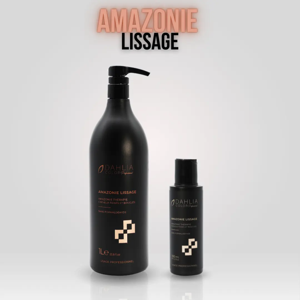 Deux flacons noirs d'Amazonie Thérapie, un grand et un petit, sur fond blanc – un produit de coiffure professionnel pas cher offrant un excellent rapport qualité/prix. Dahlia Color Professionnel