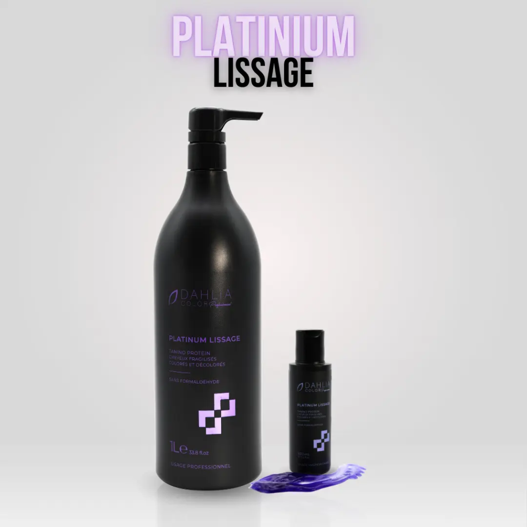 Deux flacons noirs de produit capillaire Platinium Lissage Tanino Protein aux accents violets sur fond clair — offrant un excellent rapport qualité/prix pour celles qui recherchent un produit de coiffure professionnel pas cher. Dahlia Color Professionnel