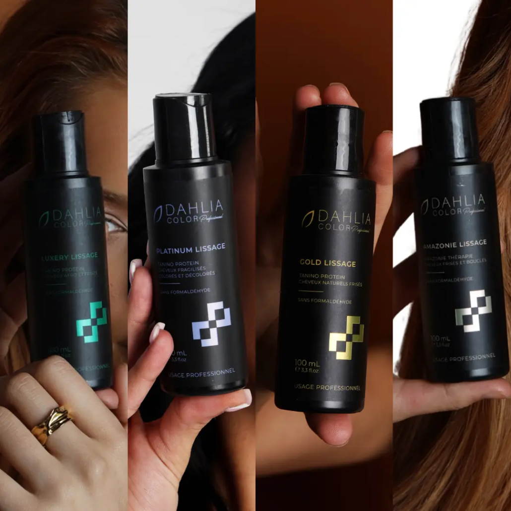 Quatre mains tiennent les bouteilles Welcome Box Lissage étiquetées Luxury, Platinum, Gold et Amazon sur des fonds divisés, mettant en valeur un produit de coiffure professionnel pas cher au rapport qualité/prix exceptionnel. Dahlia Color Professionnel