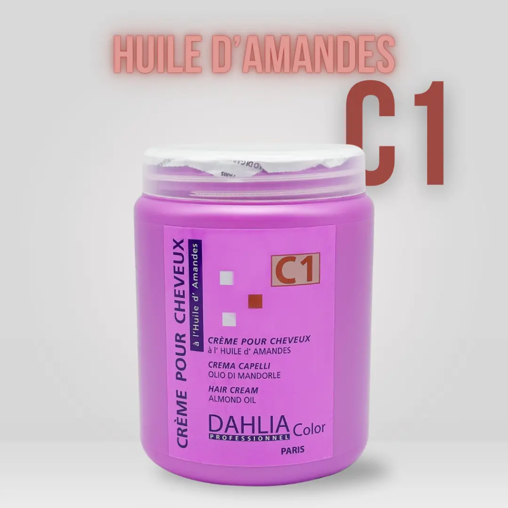 Contenant violet du Masque à l'Huile d'Amande Douce C1 à l'huile d'amande sur fond clair — un produit de coiffure professionnel pas cher offrant un excellent rapport qualité/prix. Dahlia Color Professionnel