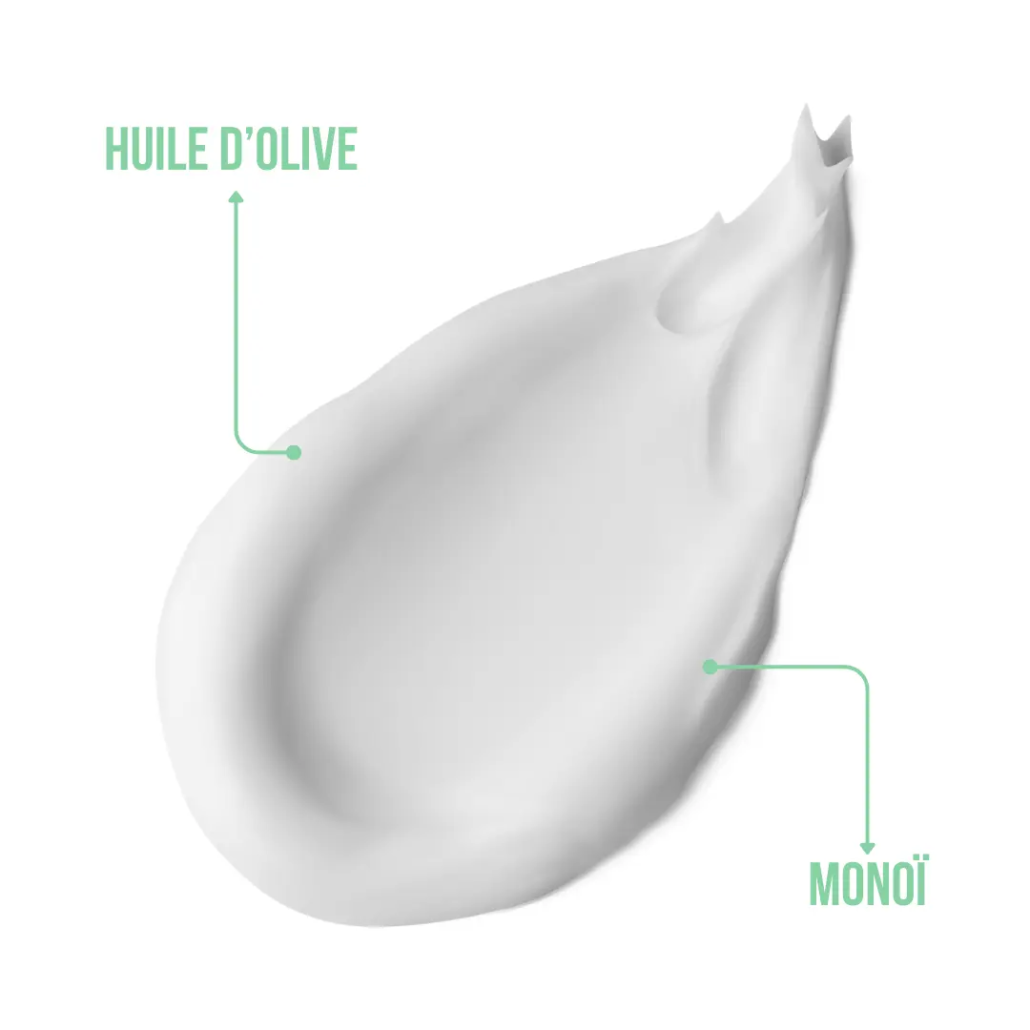 Masque Olive et Monoï C4, à la texture crème blanche avec étiquettes "huile d'olive" et "monoï", offre un excellent rapport qualité/prix pour un soin capillaire professionnel abordable. Dahlia Color Professionnel