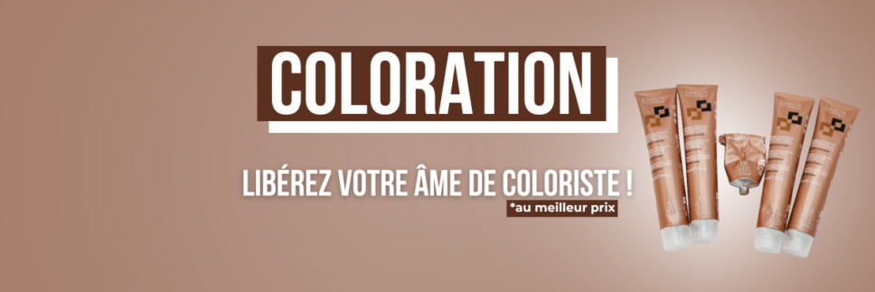 Tubes de produits de coloration capillaire sur fond marron avec texte français faisant la promotion de la coloration capillaire. Dahlia Color Professionnel