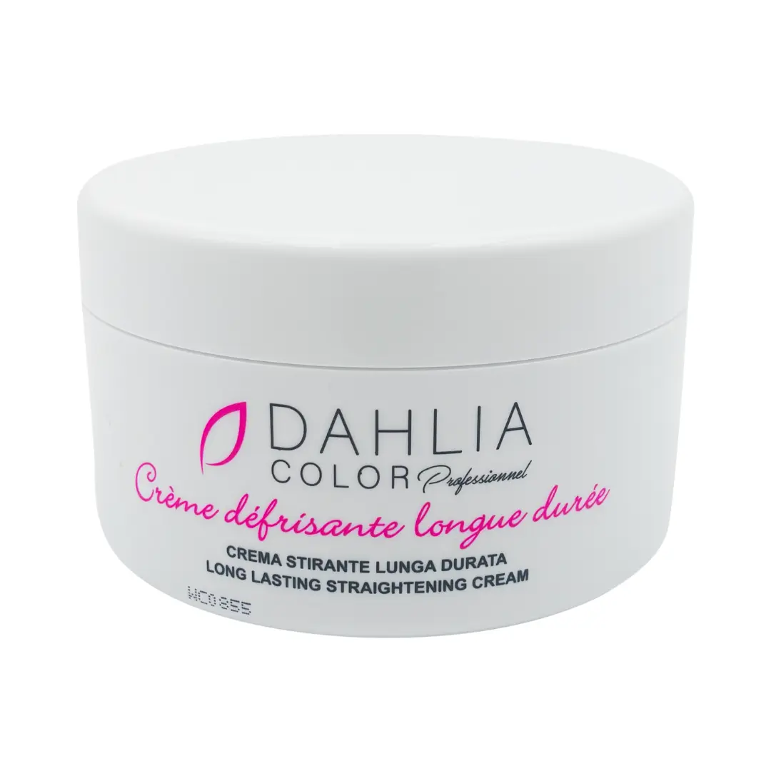 Pot blanc marqué "Crème défrisante forte 500 ml" avec texte rose et noir, offrant un excellent rapport qualité/prix pour ceux qui recherchent un produit de coiffure professionnel pas cher. Dahlia Color Professionnel