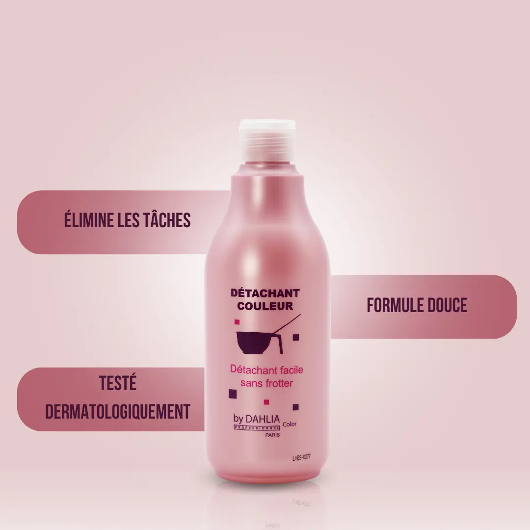 Le Détachant Couleur 500 ml de couleur Dahlia est présenté dans un flacon rose avec texte français, est testé dermatologiquement pour une utilisation sûre et offre un excellent rapport qualité/prix pour une élimination des taches de qualité professionnelle à domicile. Dahlia Color Professionnel
